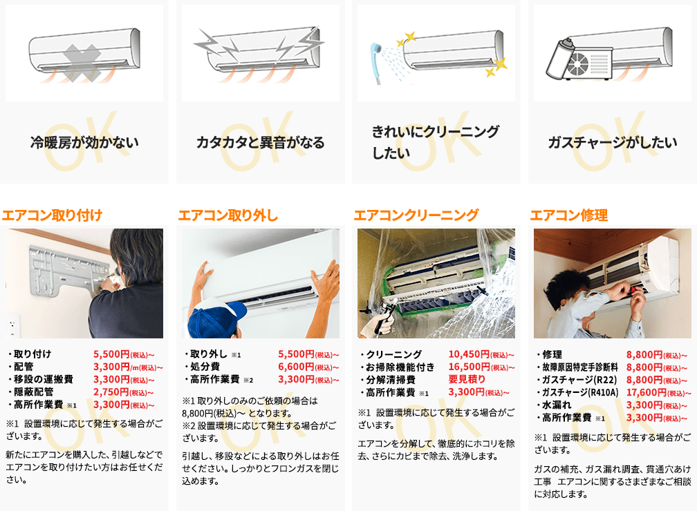 冷房が効かない；カタカタと異音が鳴る；きれいにクリーニングしたい；ガスチャージをしたい；エアコン取り付け；・取り付け・配管・移設の運搬費・隠蔽配管・高所作業費　※設置環境に応じて発生する場合がございます。新たにエアコンを購入した、引越しなどでエアコンを取り付けたい方はお任せください。；エアコン取り外し：・取り外し・処分費・高所作業費　※取り外しのみのご依頼の場合は8,000円となります。※設置環境に応じて発生する場合がございます。引越し、移設などによる取り外しはお任せください。しっかりとフロンガスを閉じ込めます。；エアコンクリーニング：・クリーニング・お掃除機能付・分解清掃費・高所作業費 ※設置環境に応じて発生する場合がございます。エアコンを分解して、徹底的に誇りを撤去、さらにカビまで撤去、洗浄いたします。；エアコン修理：・修理・故障原因特定診断料・ガスチャージ(R22)・ガスチャージ(R410A)・水漏れ・高所作業費 ※設置環境に応じて発生する場合がございます。ガスの補充、ガス漏れ調査、貫通穴あけ工事、エアコンに関する様々なご相談に対応します。