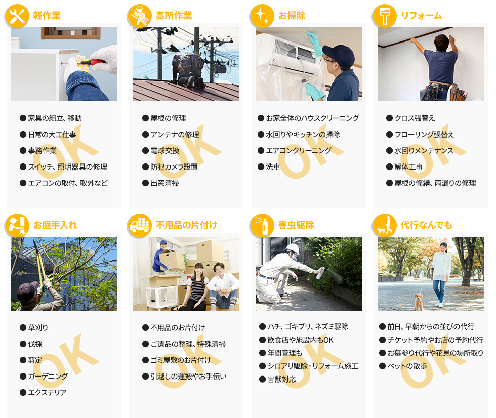 軽作業 ●家具の組立、移動 ●日常の大工仕事 ●事務作業 ●スイッチ照明器具の修理 ●エアコンの取付、取外など;高所作業 ●屋根の修理 ●アンテナの修理 ●電球交換 ●防犯カメラ設置 ●出窓清掃;お掃除 ●お庭全体のハウスクリーニング ●水回りやキッチンの掃除 ●エアコンクリーニング ●洗車;リフォーム ●クロス張替え ●フローリング張替え ●水回りメンテナンス ●解体工事 ●屋根の修繕、雨漏りの修理;お庭手入れ ●草刈り ●伐採 ●剪定 ●ガーデニング ●エクステリア;不用品の片付け ●不用品のお片付け ●ご遺品の整理、特殊清掃 ●ゴミ屋敷のお片付け ●引越しの運搬やお手伝い;害虫駆除 ●ハチ、ゴキブリ、ネズミ駆除 ●飲食店や施設内もOK ●年間管理も ●シロアリ駆除・リフォーム施工 ●害獣対応;代行なんでも ●前日、早朝からの並びの代行 ●チケット予約やお店の予約代行 ●お墓参り代行や花見の場所取り ●ペットの散歩