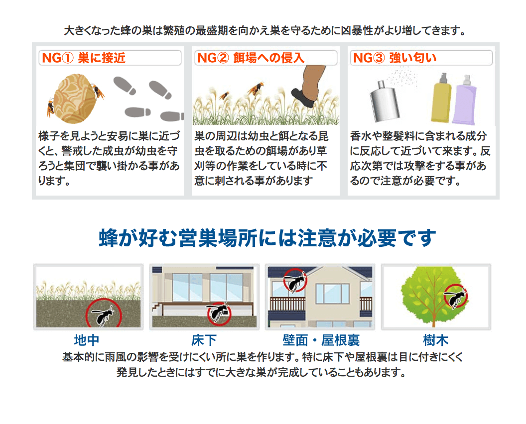 ハチが好む営巣場所には注意が必要です