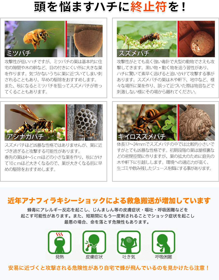 頭を悩ますハチに終止符を！ミツバチ,スズメバチ,アシナガバチ,キイロスズメバチ