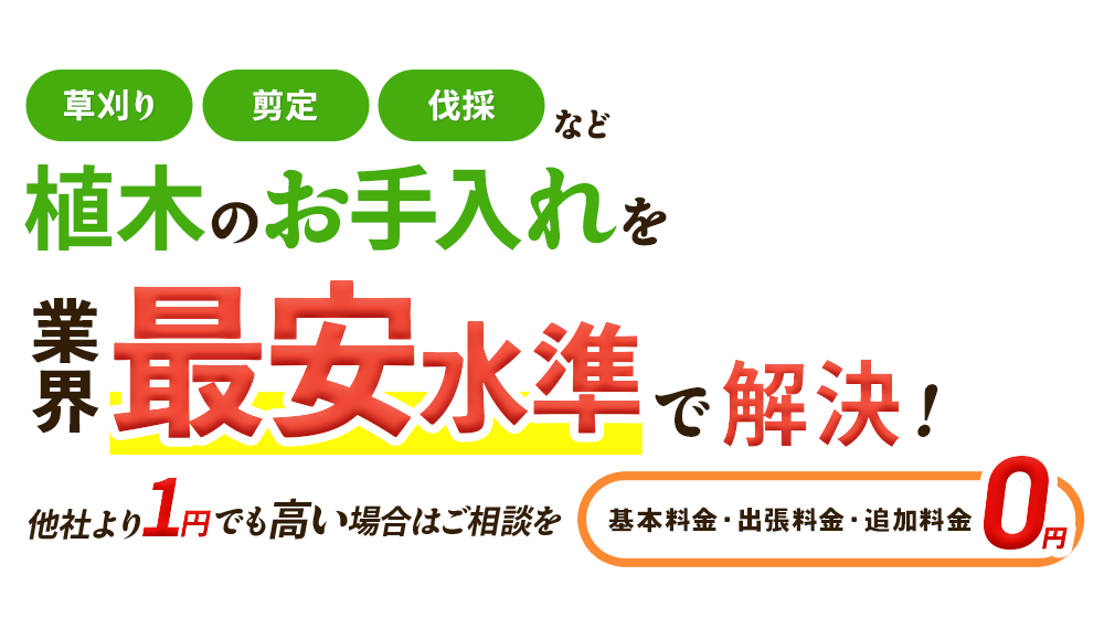 植木のお悩みを、業界最安水準で解決!他社より1円でも高い場合はご相談を,基本料金・出張料金・追加料金0円