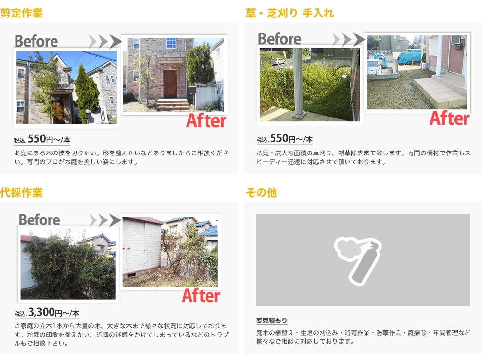 剪定作業：税込550円〜/本 お庭にある木の枝を切りたい。形を整えたいなどありましたらご相談ください。専門のプロがお庭を美しい姿にします。；草・芝刈り 手入れ：税込550円〜/お庭・広大な面積の草刈り、雑草除去までいたします。専門の機材で作業もスピーディー迅速に対応させていただいております。伐採作業：税込3,300円〜/本 ご家庭の立木1本から大量の木、大きな木まで様々な状況に対応しております。お庭の印象を変えたい。近隣の迷惑をかけてしまっているなどのトラブルもご相談ください。；その他:要お見積もり 庭木の植え替え・生垣の刈り込み・消毒作業・除草作業・庭掃除・年間管理など 様々なご相談に対応しております。